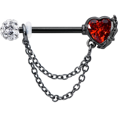14G 9/16 Red CZ Gem Black Heart Hand Chain Dangle Nipple Ring Set