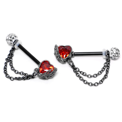 14G 9/16 Red CZ Gem Black Heart Hand Chain Dangle Nipple Ring Set
