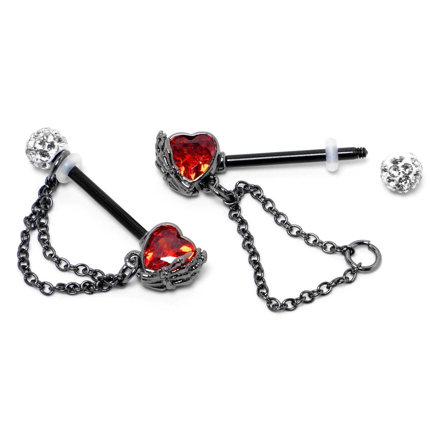 14G 9/16 Red CZ Gem Black Heart Hand Chain Dangle Nipple Ring Set