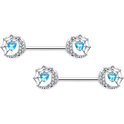 14G 9/16 Blue CZ Gem Heart Web Moon Barbell Nipple Ring Set