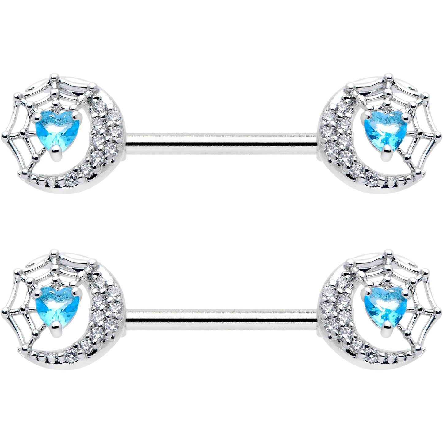 14G 9/16 Blue CZ Gem Heart Web Moon Barbell Nipple Ring Set