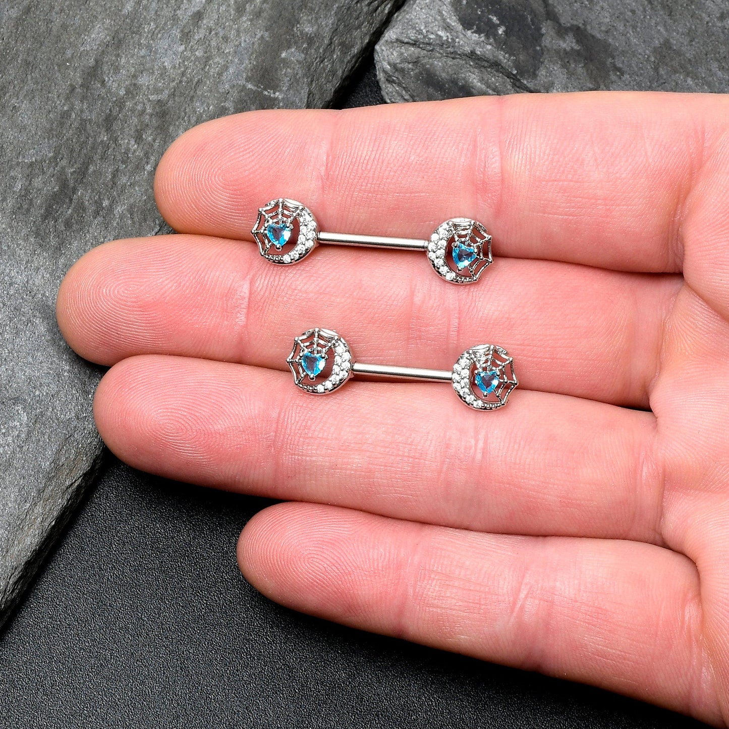 14G 9/16 Blue CZ Gem Heart Web Moon Barbell Nipple Ring Set