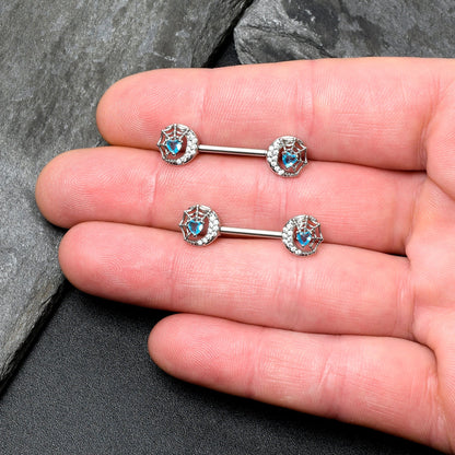 14G 9/16 Blue CZ Gem Heart Web Moon Barbell Nipple Ring Set