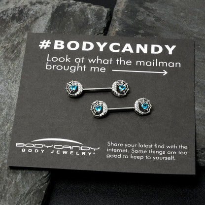 14G 9/16 Blue CZ Gem Heart Web Moon Barbell Nipple Ring Set