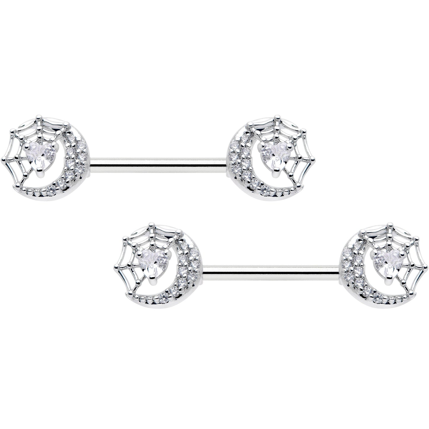 14G 9/16 Clear CZ Gem Heart Web Moon Barbell Nipple Ring Set