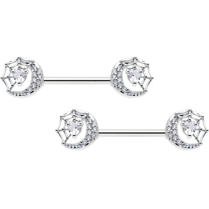14G 9/16 Clear CZ Gem Heart Web Moon Barbell Nipple Ring Set