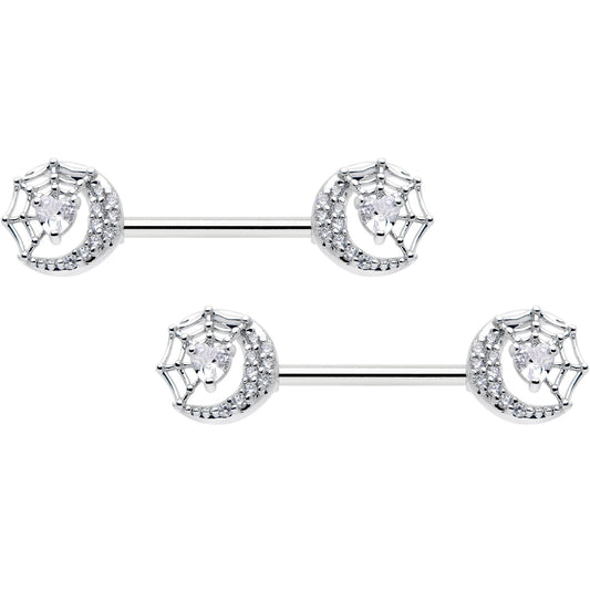 14G 9/16 Clear CZ Gem Heart Web Moon Barbell Nipple Ring Set