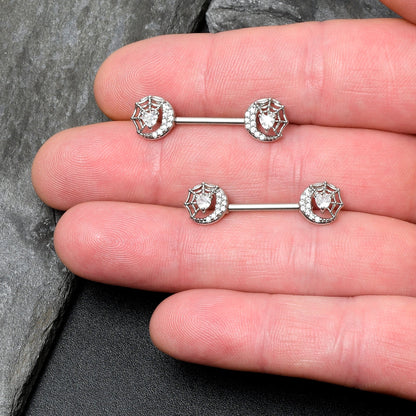 14G 9/16 Clear CZ Gem Heart Web Moon Barbell Nipple Ring Set