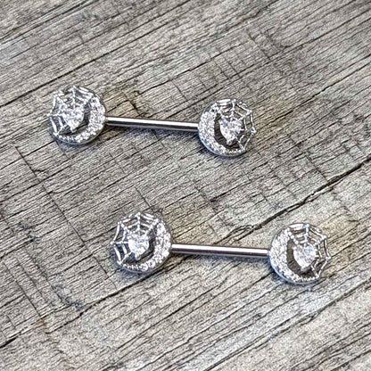 14G 9/16 Clear CZ Gem Heart Web Moon Barbell Nipple Ring Set