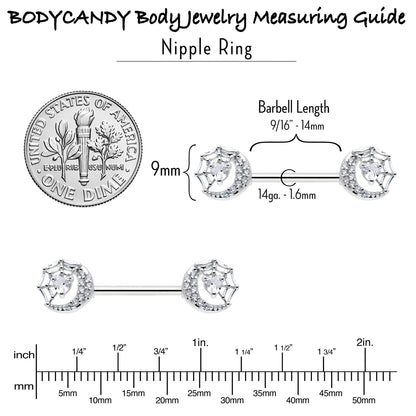 14G 9/16 Clear CZ Gem Heart Web Moon Barbell Nipple Ring Set