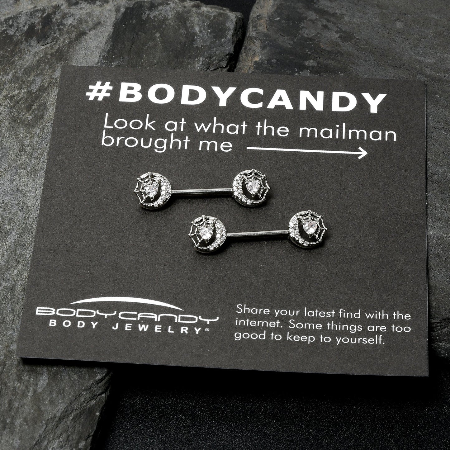 14G 9/16 Clear CZ Gem Heart Web Moon Barbell Nipple Ring Set