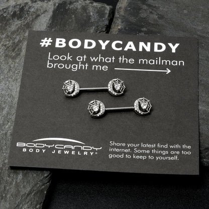 14G 9/16 Clear CZ Gem Heart Web Moon Barbell Nipple Ring Set