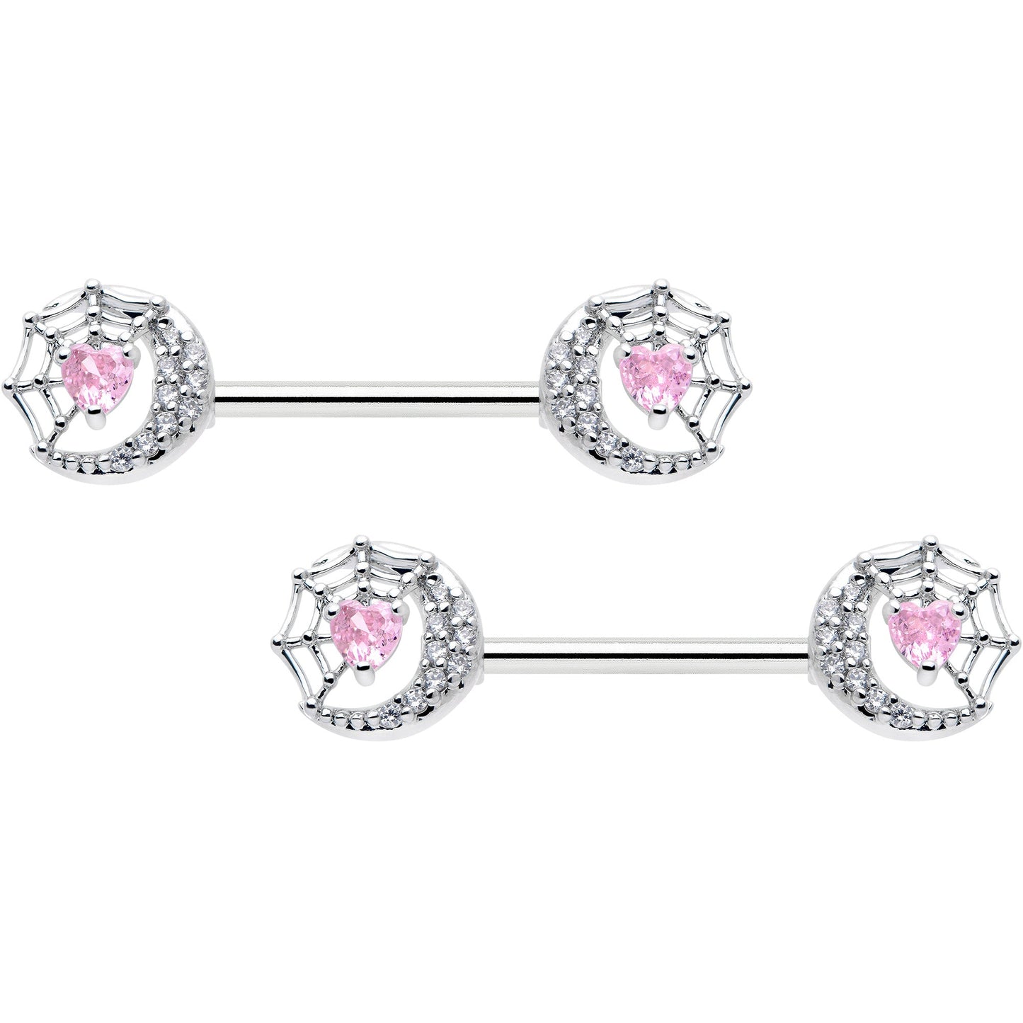 14G 9/16 Pink CZ Gem Heart Web Moon Barbell Nipple Ring Set