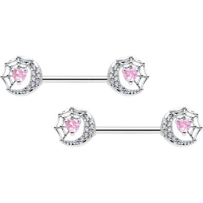 14G 9/16 Pink CZ Gem Heart Web Moon Barbell Nipple Ring Set