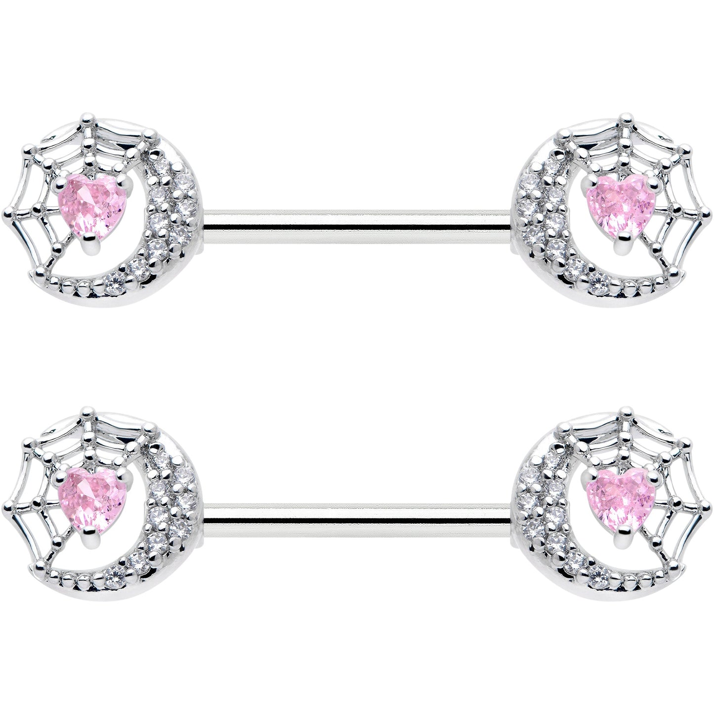14G 9/16 Pink CZ Gem Heart Web Moon Barbell Nipple Ring Set