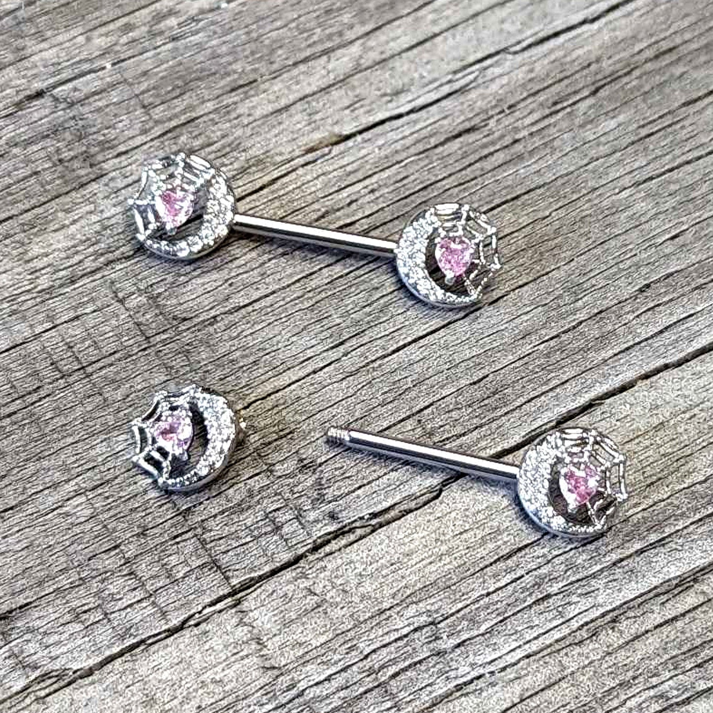 14G 9/16 Pink CZ Gem Heart Web Moon Barbell Nipple Ring Set