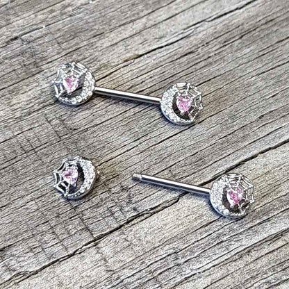 14G 9/16 Pink CZ Gem Heart Web Moon Barbell Nipple Ring Set