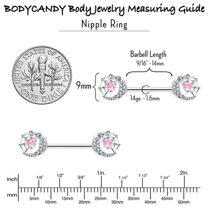 14G 9/16 Pink CZ Gem Heart Web Moon Barbell Nipple Ring Set