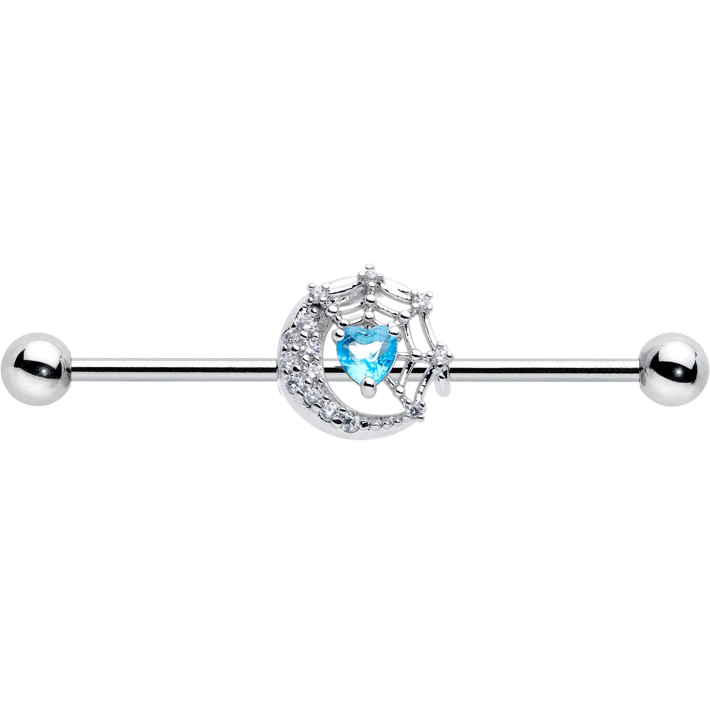 14G Blue CZ Gem Heart Web Moon Industrial Barbell 38mm