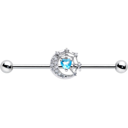 14G Blue CZ Gem Heart Web Moon Industrial Barbell 38mm