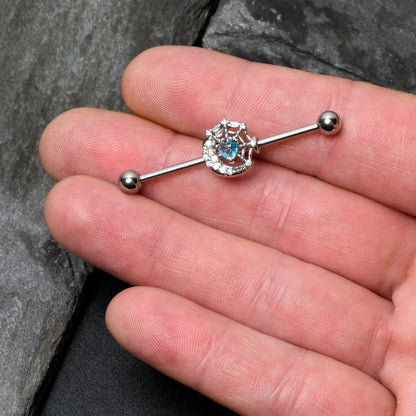 14G Blue CZ Gem Heart Web Moon Industrial Barbell 38mm