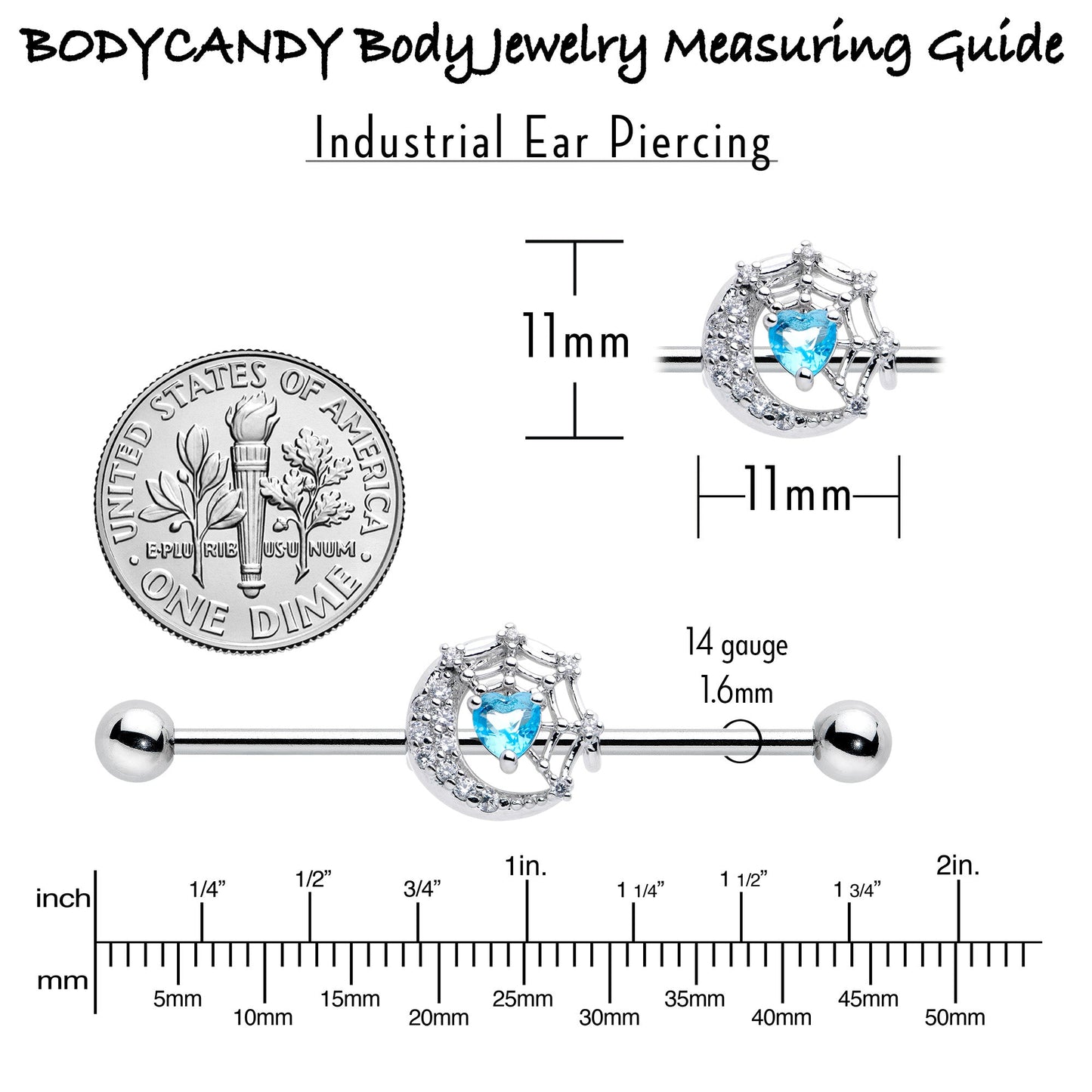 14G Blue CZ Gem Heart Web Moon Industrial Barbell 38mm