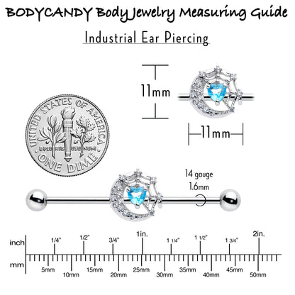 14G Blue CZ Gem Heart Web Moon Industrial Barbell 38mm