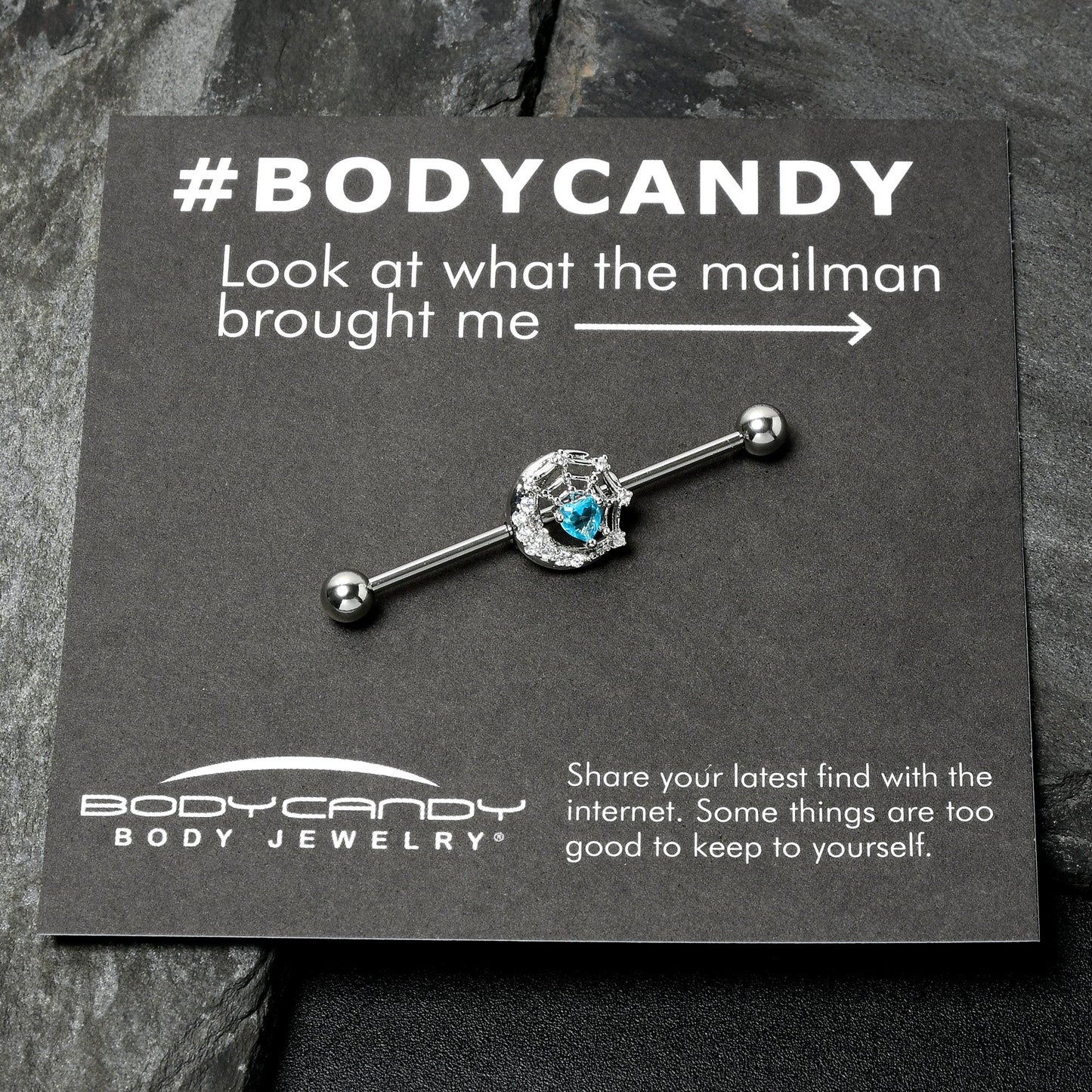 14G Blue CZ Gem Heart Web Moon Industrial Barbell 38mm