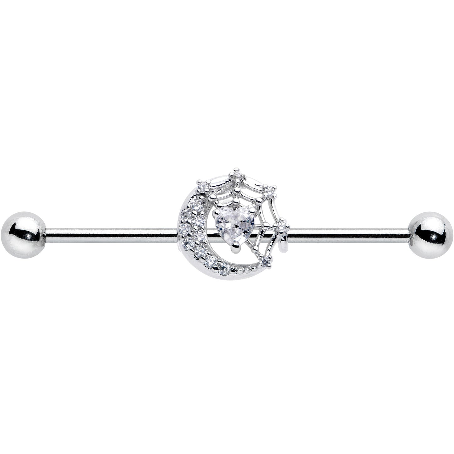 14G Clear CZ Gem Heart Web Moon Industrial Barbell 38mm