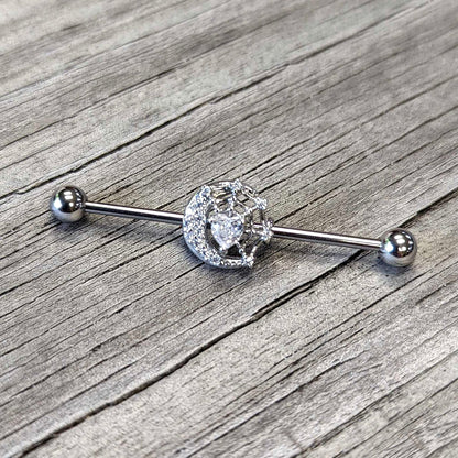 14G Clear CZ Gem Heart Web Moon Industrial Barbell 38mm