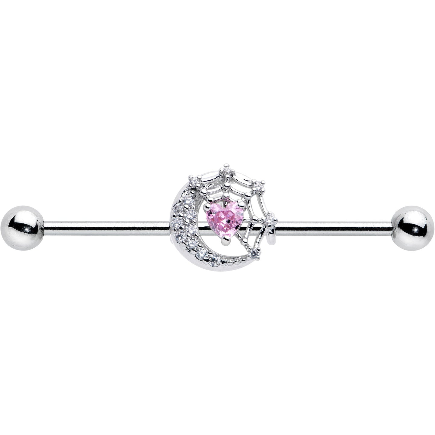 14G Pink CZ Gem Heart Web Moon Industrial Barbell 38mm