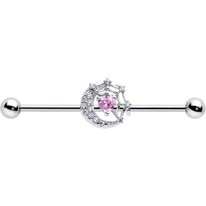 14G Pink CZ Gem Heart Web Moon Industrial Barbell 38mm