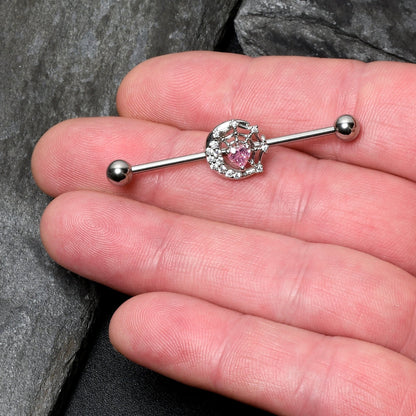14G Pink CZ Gem Heart Web Moon Industrial Barbell 38mm