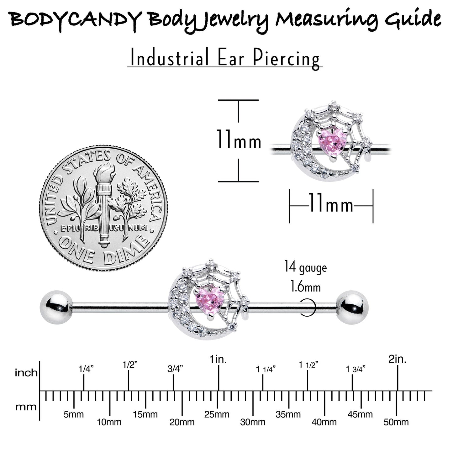 14G Pink CZ Gem Heart Web Moon Industrial Barbell 38mm