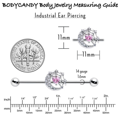 14G Pink CZ Gem Heart Web Moon Industrial Barbell 38mm