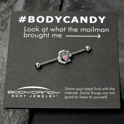 14G Pink CZ Gem Heart Web Moon Industrial Barbell 38mm