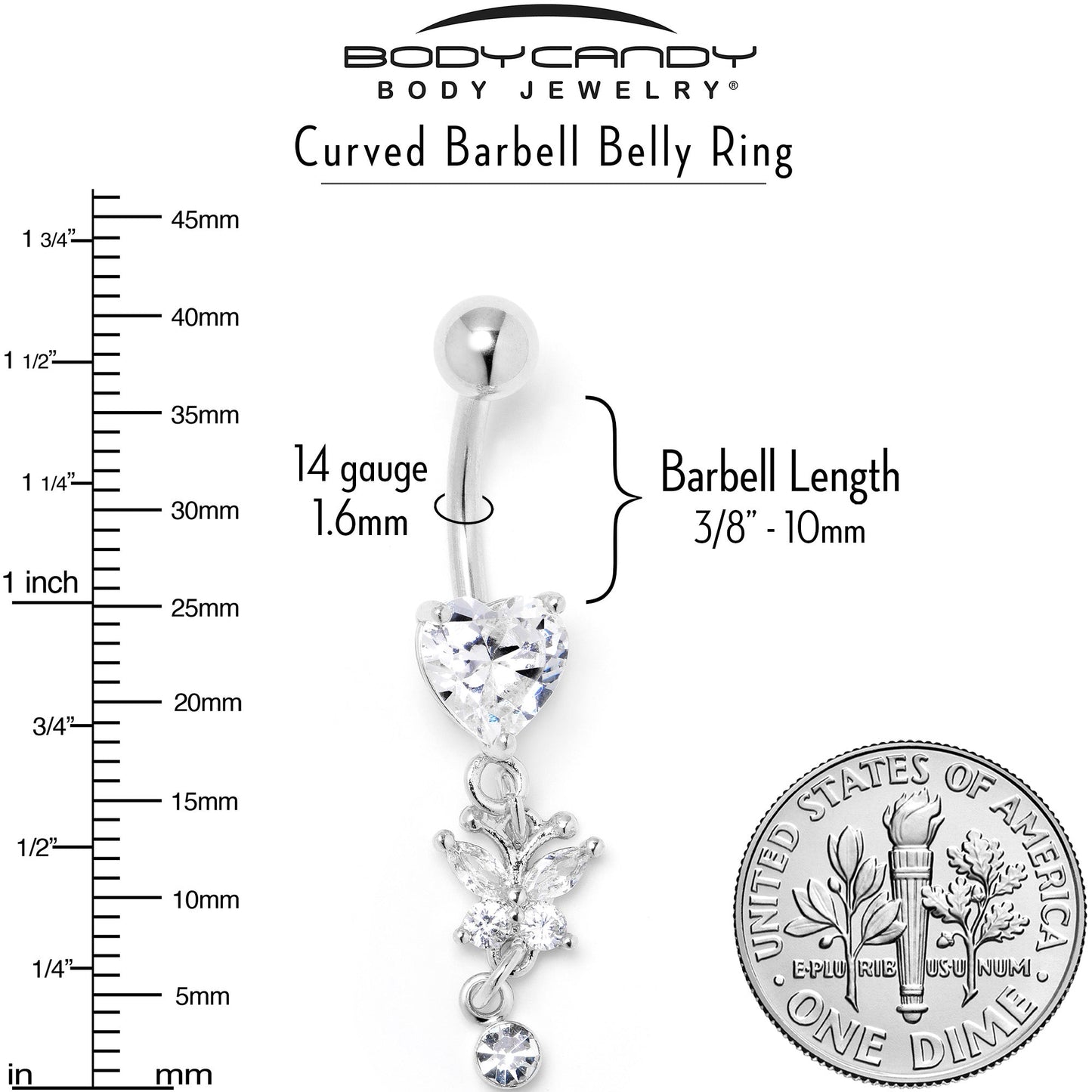 Clear CZ Gem Heart For Butterfly Dangle Belly Ring