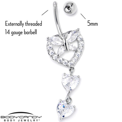 Clear CZ Gem Butterfly Hearts of Love Dangle Belly Ring
