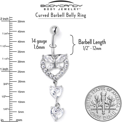 Clear CZ Gem Butterfly Hearts of Love Dangle Belly Ring
