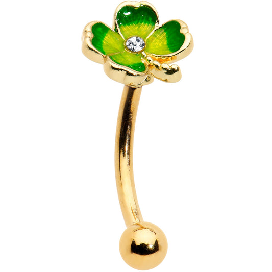 16G 5/16 Clear Gem Gold Tone Lucky Shamrock Curved Eyebrow Ring