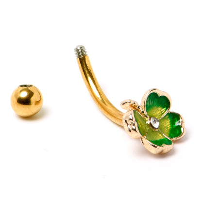 16G 5/16 Clear Gem Gold Tone Lucky Shamrock Curved Eyebrow Ring