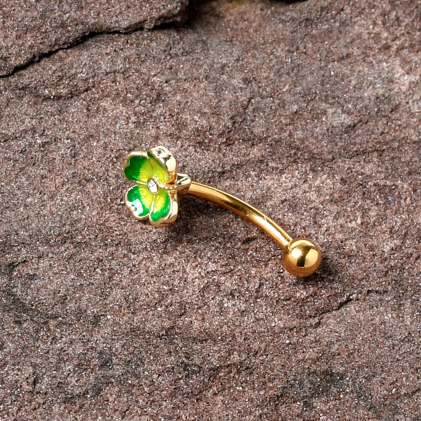 16G 5/16 Clear Gem Gold Tone Lucky Shamrock Curved Eyebrow Ring