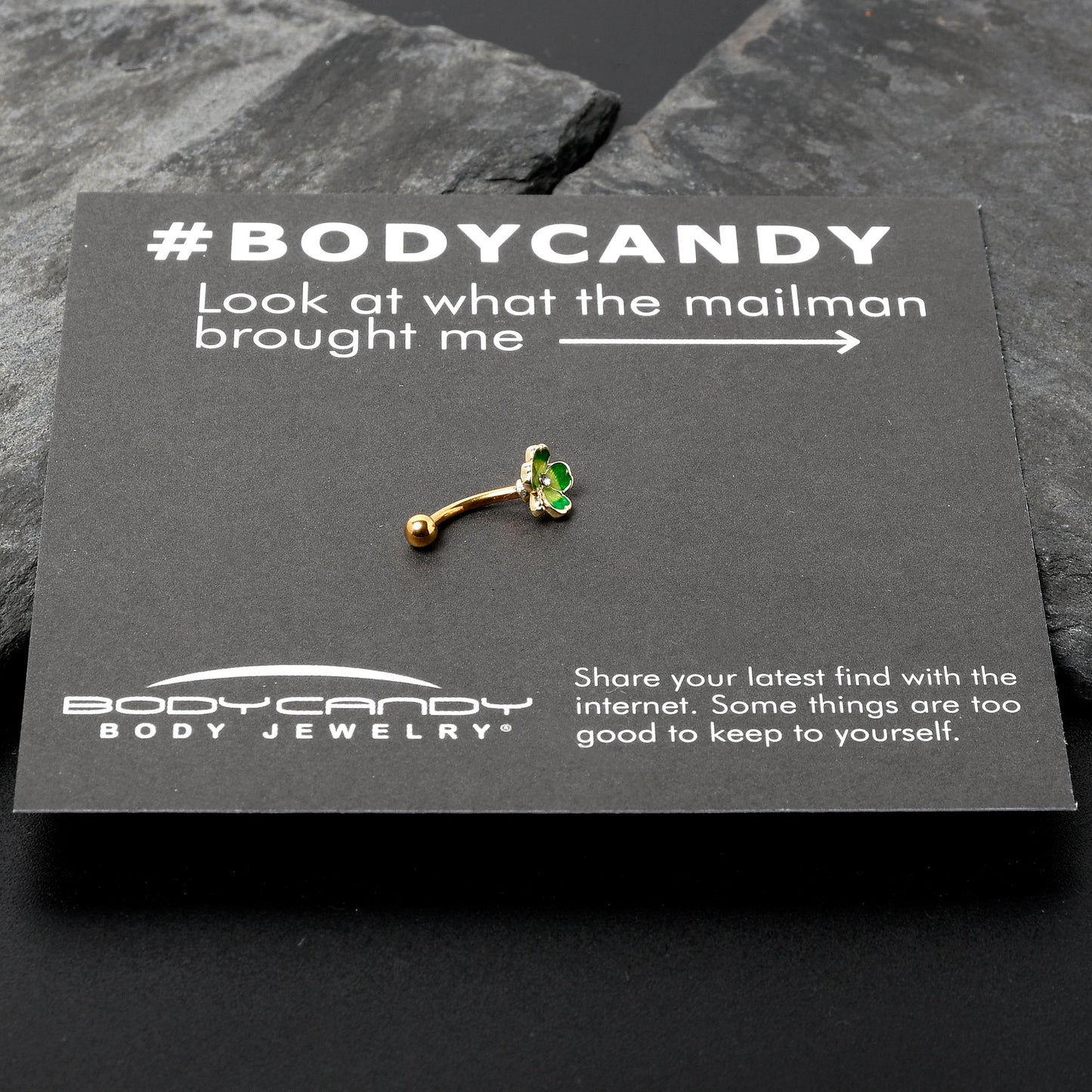 16G 5/16 Clear Gem Gold Tone Lucky Shamrock Curved Eyebrow Ring