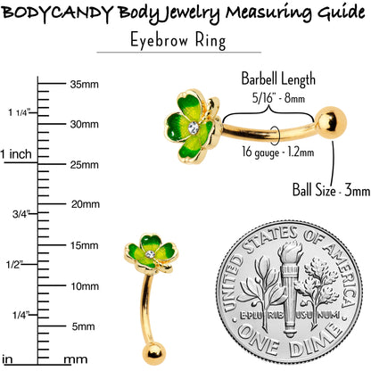 16G 5/16 Clear Gem Gold Tone Lucky Shamrock Curved Eyebrow Ring