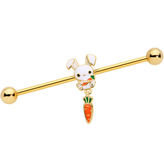 14G Gold Tone Cutie Easter Bunny Dangle Industrial Barbell 38mm