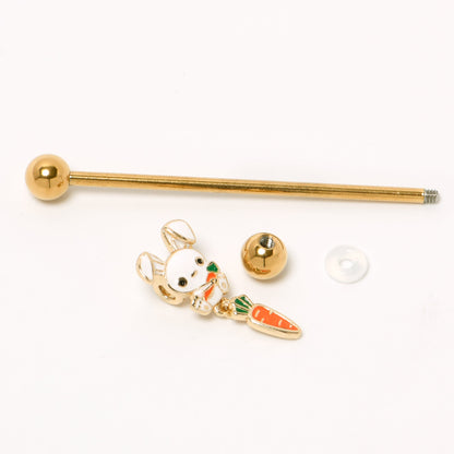 14G Gold Tone Cutie Easter Bunny Dangle Industrial Barbell 38mm