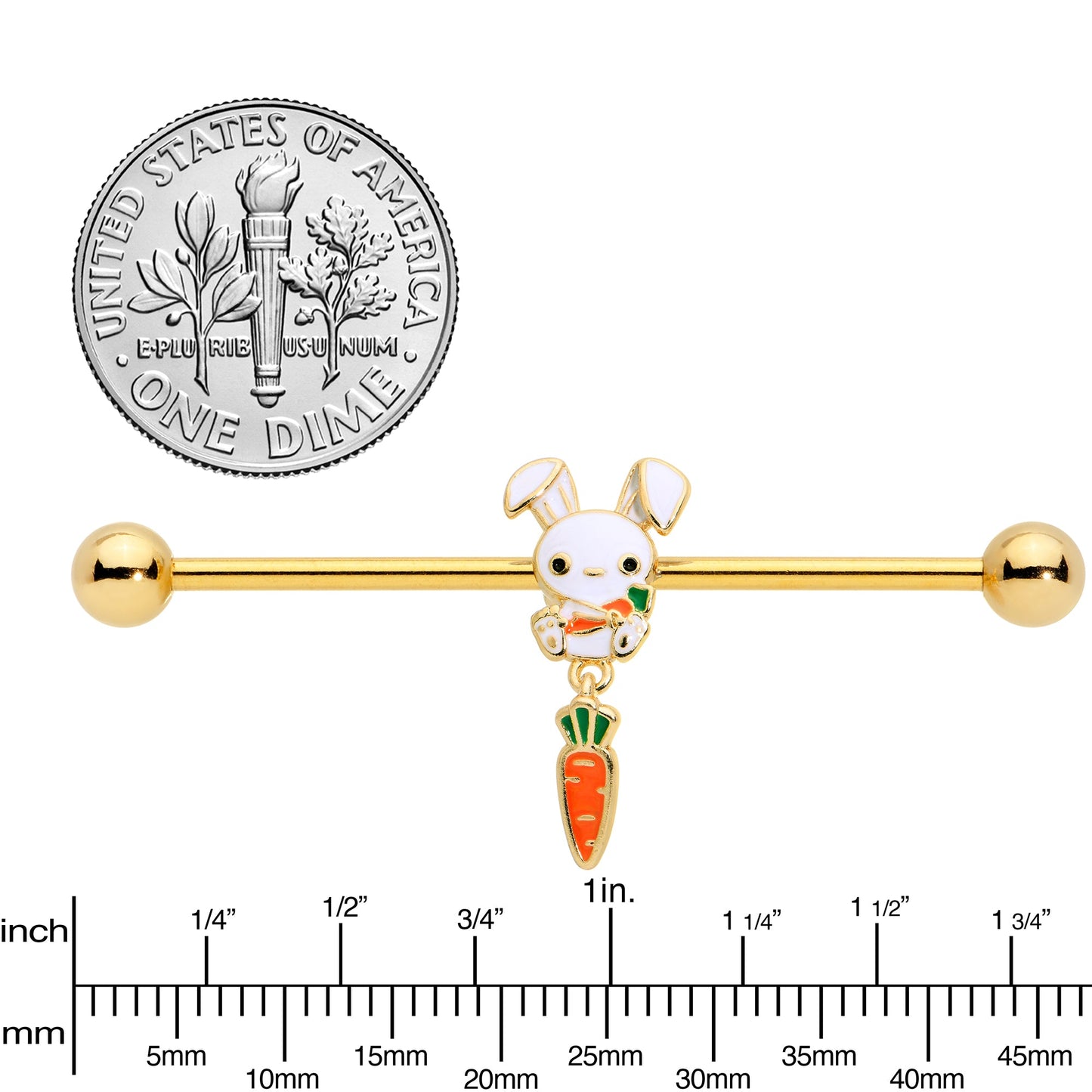 14G Gold Tone Cutie Easter Bunny Dangle Industrial Barbell 38mm
