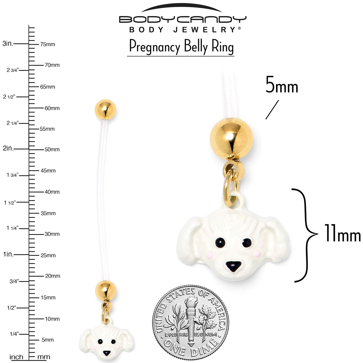 White Puppy Dog Face Dangle PTFE Pregnancy Belly Ring
