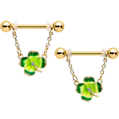 14G 9/16 Clear Gem Gold Hue Lucky Shamrock Dangle Nipple Ring Set