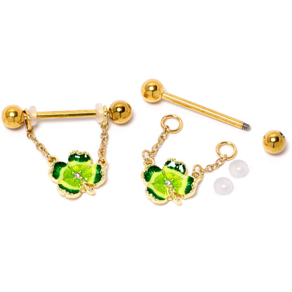 14G 9/16 Clear Gem Gold Hue Lucky Shamrock Dangle Nipple Ring Set